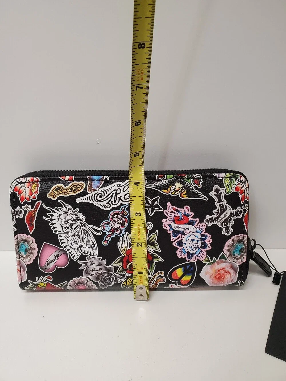 Ed Hardy Black Zip-Around Wallet with Multicolor Tattoo Motifs